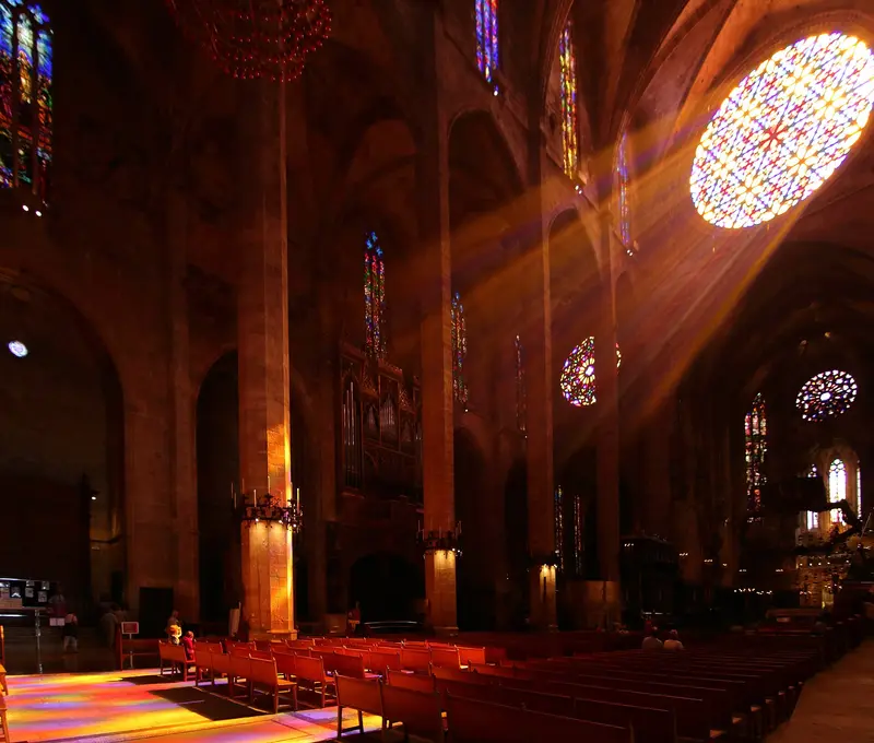 Rosetón mayor y nave principal de la Catedral de Mallorca vistos desde dentro